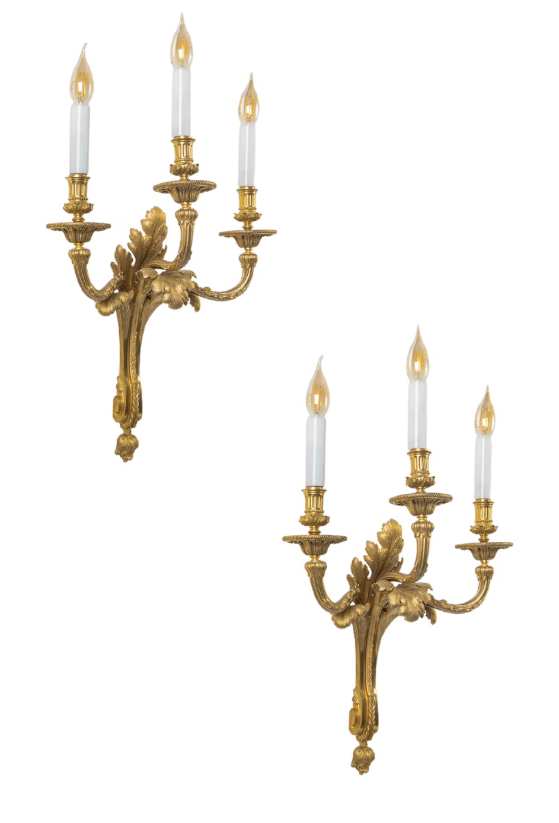 Paire d’appliques de style Louis XVI en bronze ciselé et doré vers 1850-1870-photo-5