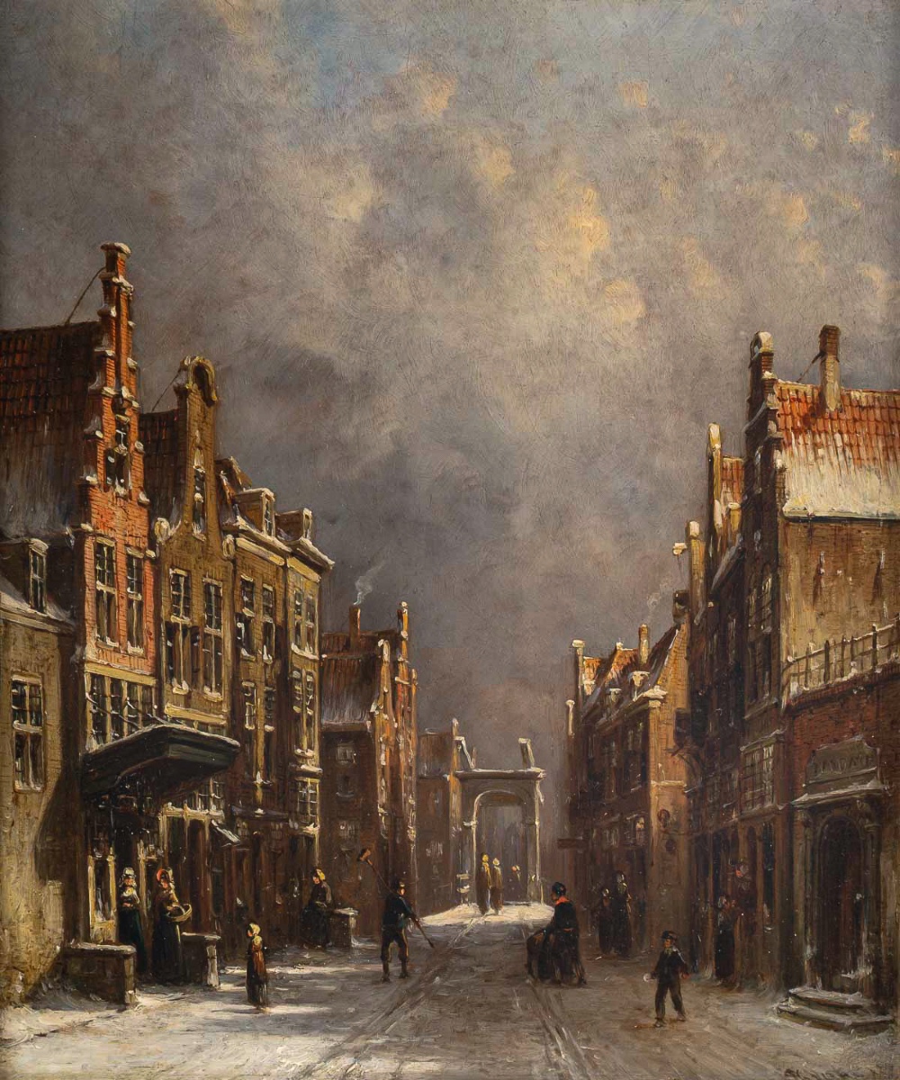 Petrus Gerardus Vertin (1819-1893) Rue d’Amsterdam Enneigée huile sur bois  vers 1860-photo-2