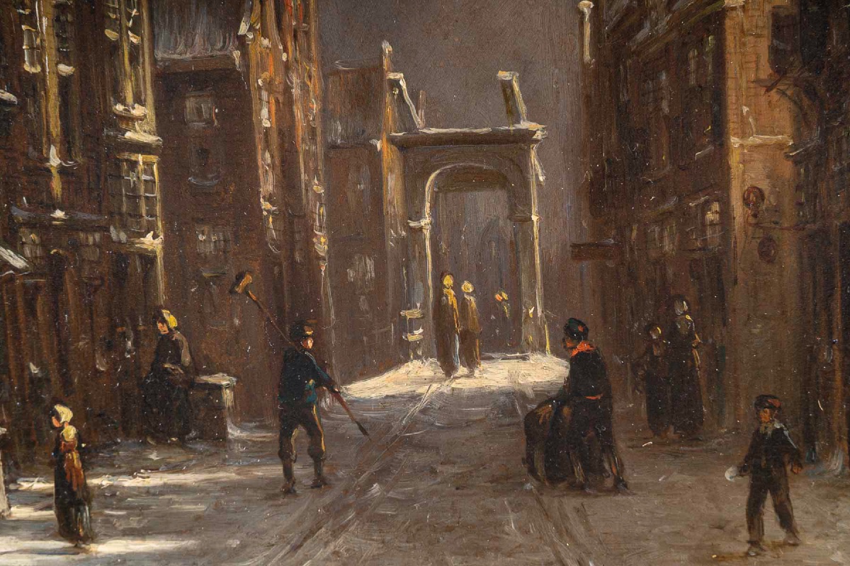 Petrus Gerardus Vertin (1819-1893) Rue d’Amsterdam Enneigée huile sur bois  vers 1860-photo-2