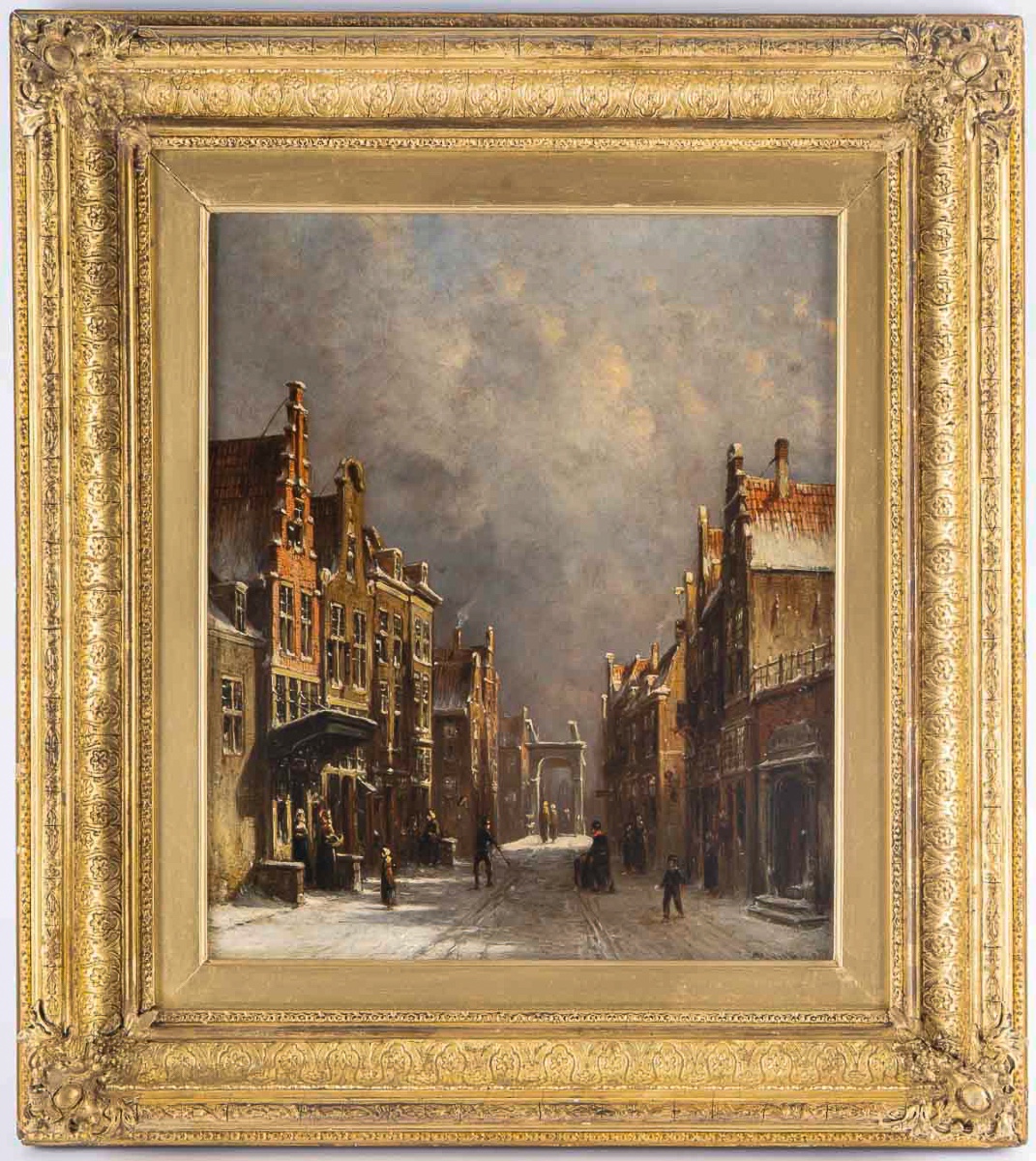 Petrus Gerardus Vertin (1819-1893) Rue d’Amsterdam Enneigée huile sur bois  vers 1860
