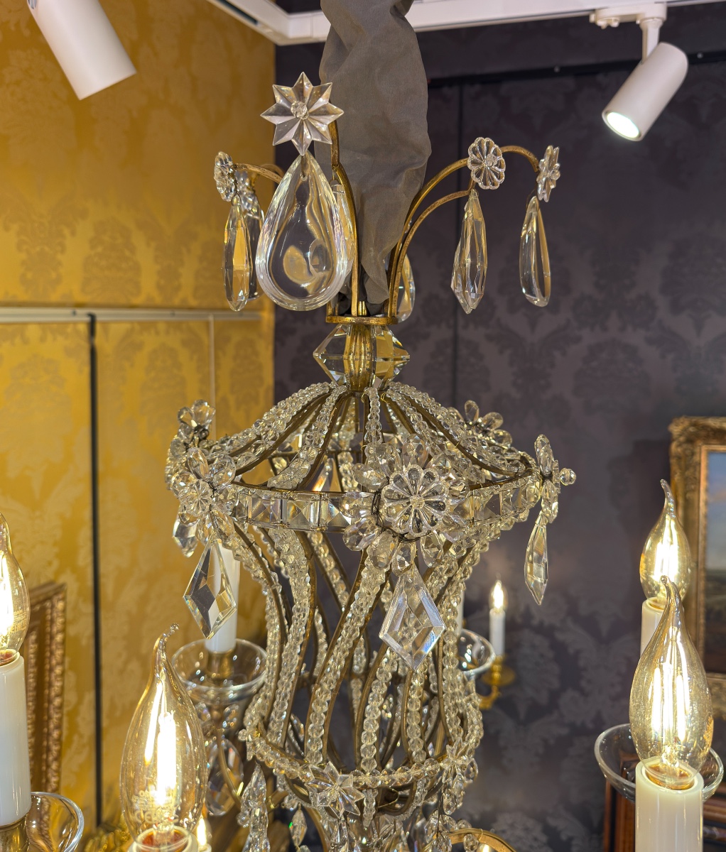 Twisted Cage Chandelier In Gilt Bronze And Cut Crystal By Maison Baguès, C. 1920-photo-2