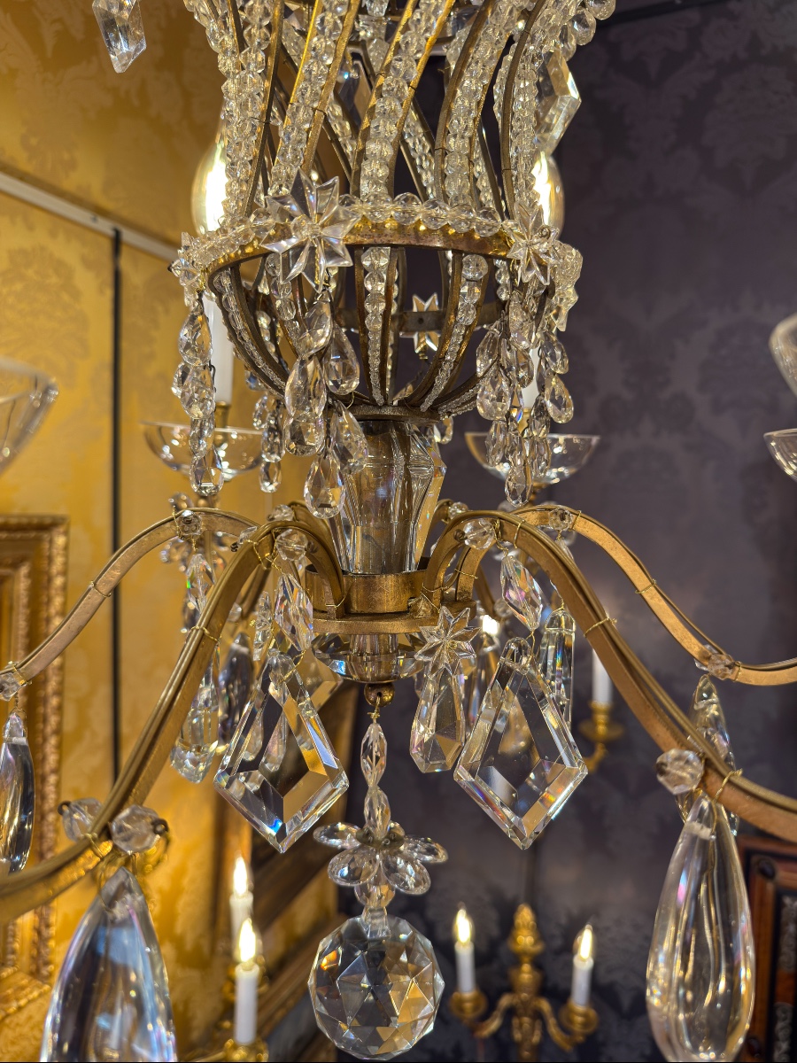 Twisted Cage Chandelier In Gilt Bronze And Cut Crystal By Maison Baguès, C. 1920-photo-1