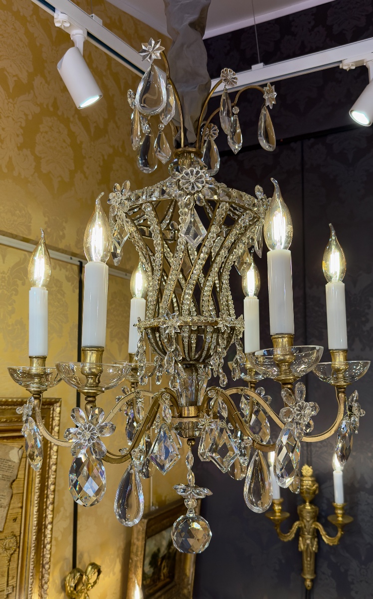 Twisted Cage Chandelier In Gilt Bronze And Cut Crystal By Maison Baguès, C. 1920-photo-4