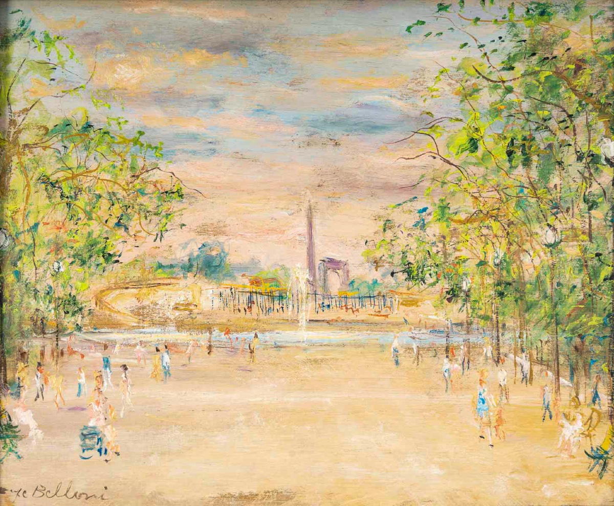 Serge Belloni (1925-2005) - Le Jardin des Tuileries huile sur bois vers 1970-photo-2