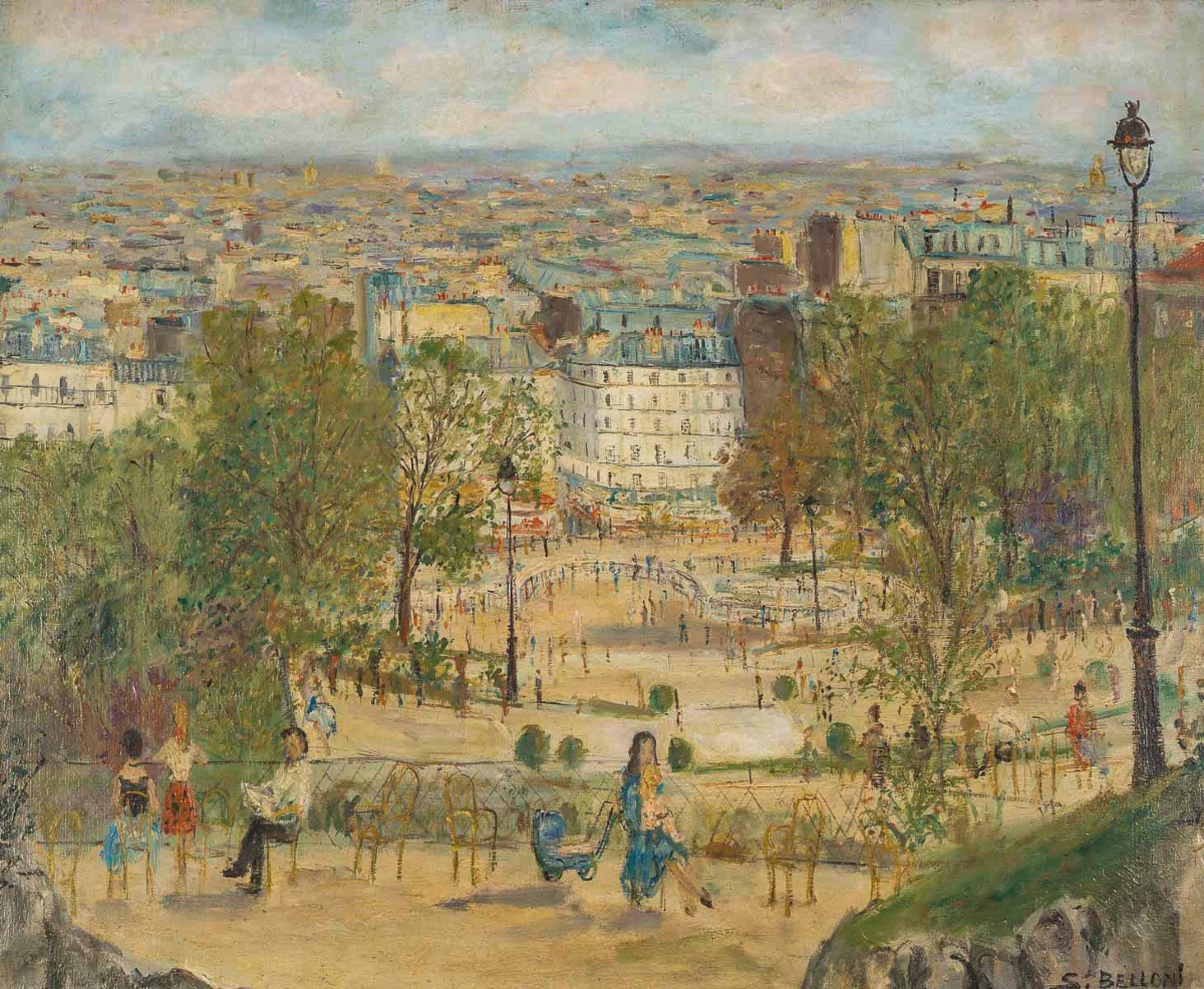 Serge Belloni (1925–2005) Montmartre Louise Michel Square From Sacré-coeur, Oil On Canvas-photo-2