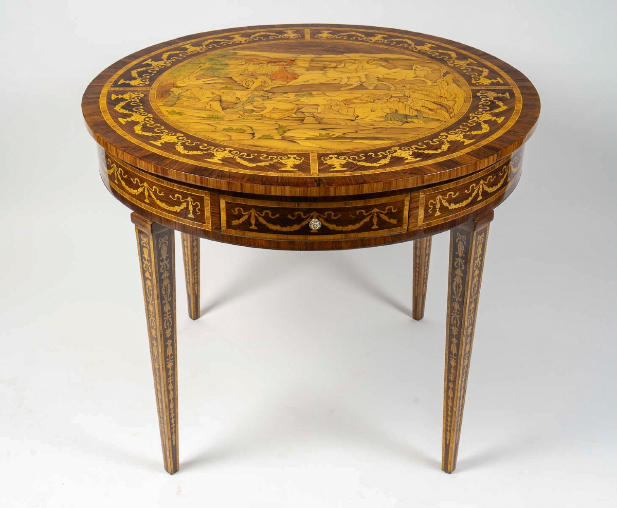 Table circulaire en marqueterie au Mythe de Phaéton, Italie fin XVIIIe siècle-photo-2