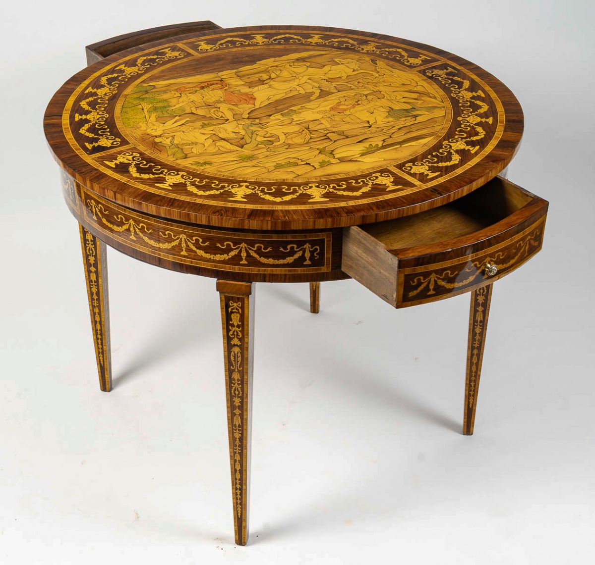 Table circulaire en marqueterie au Mythe de Phaéton, Italie fin XVIIIe siècle-photo-7