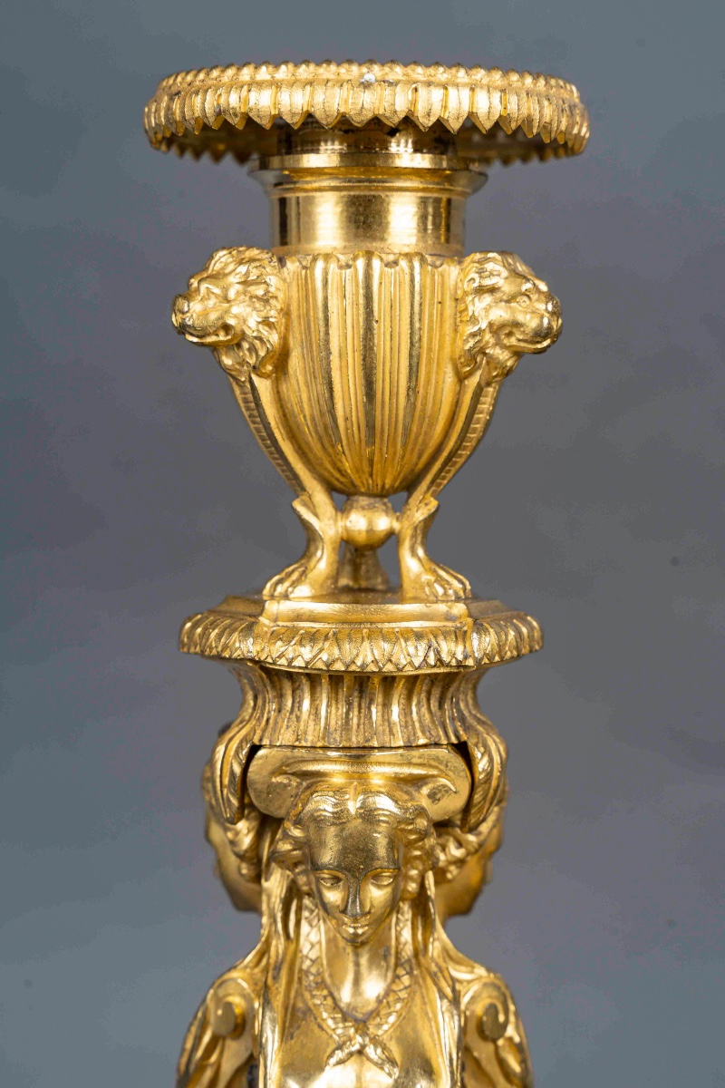 Pair Of Louis XVI Style Gilt Bronze Flambeaux, After Jean-démosthène Dugourc (1749–1825)-photo-2