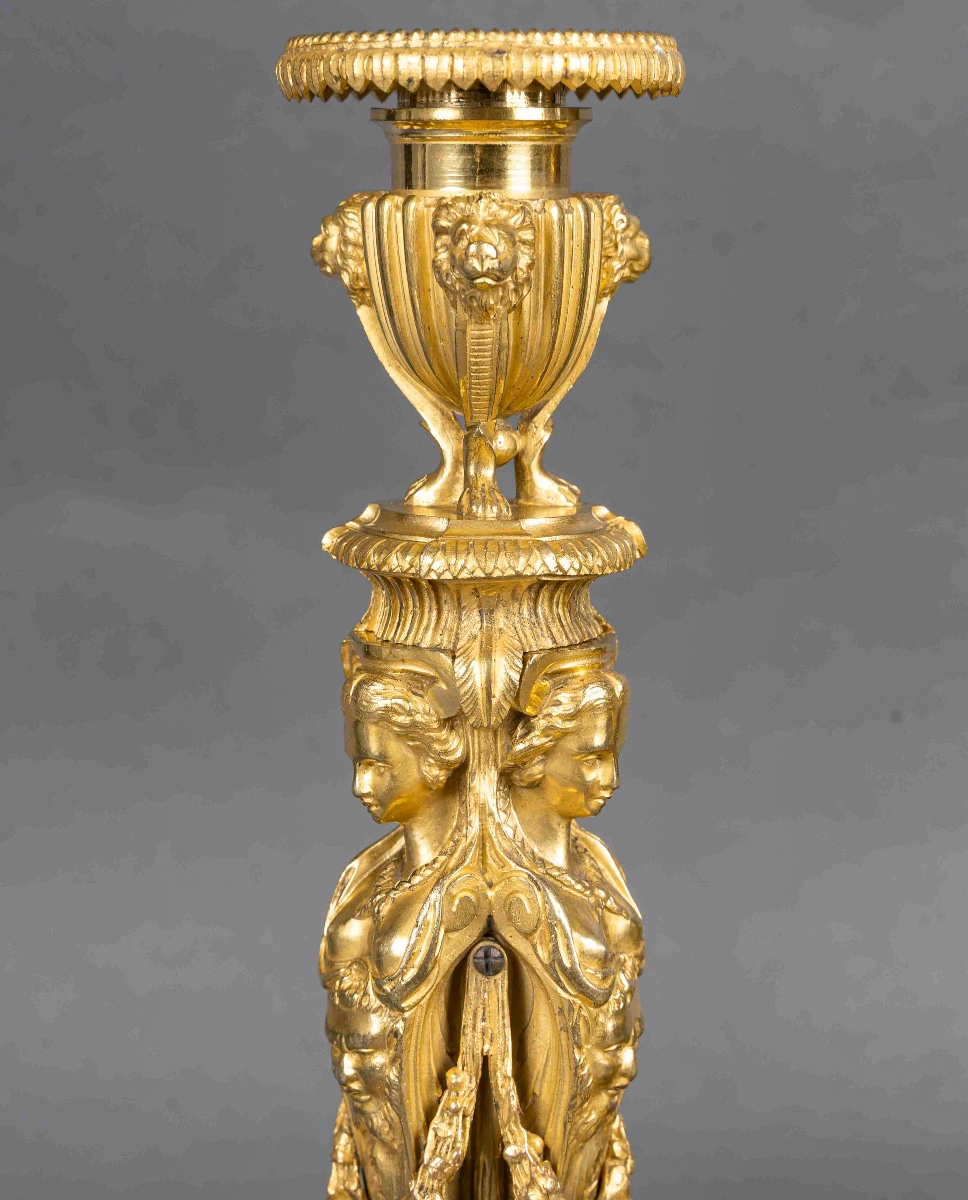 Pair Of Louis XVI Style Gilt Bronze Flambeaux, After Jean-démosthène Dugourc (1749–1825)-photo-2