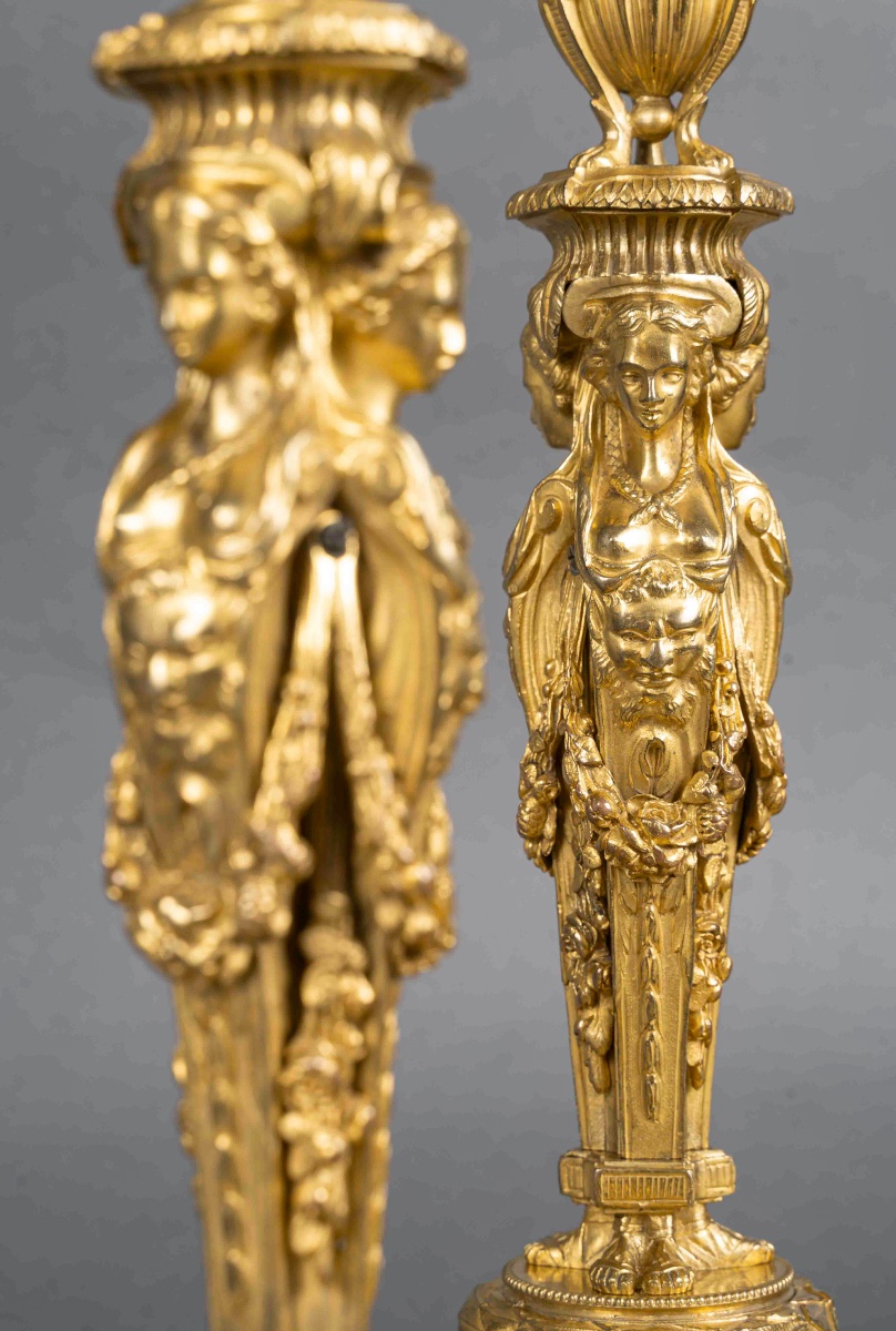Pair Of Louis XVI Style Gilt Bronze Flambeaux, After Jean-démosthène Dugourc (1749–1825)-photo-4