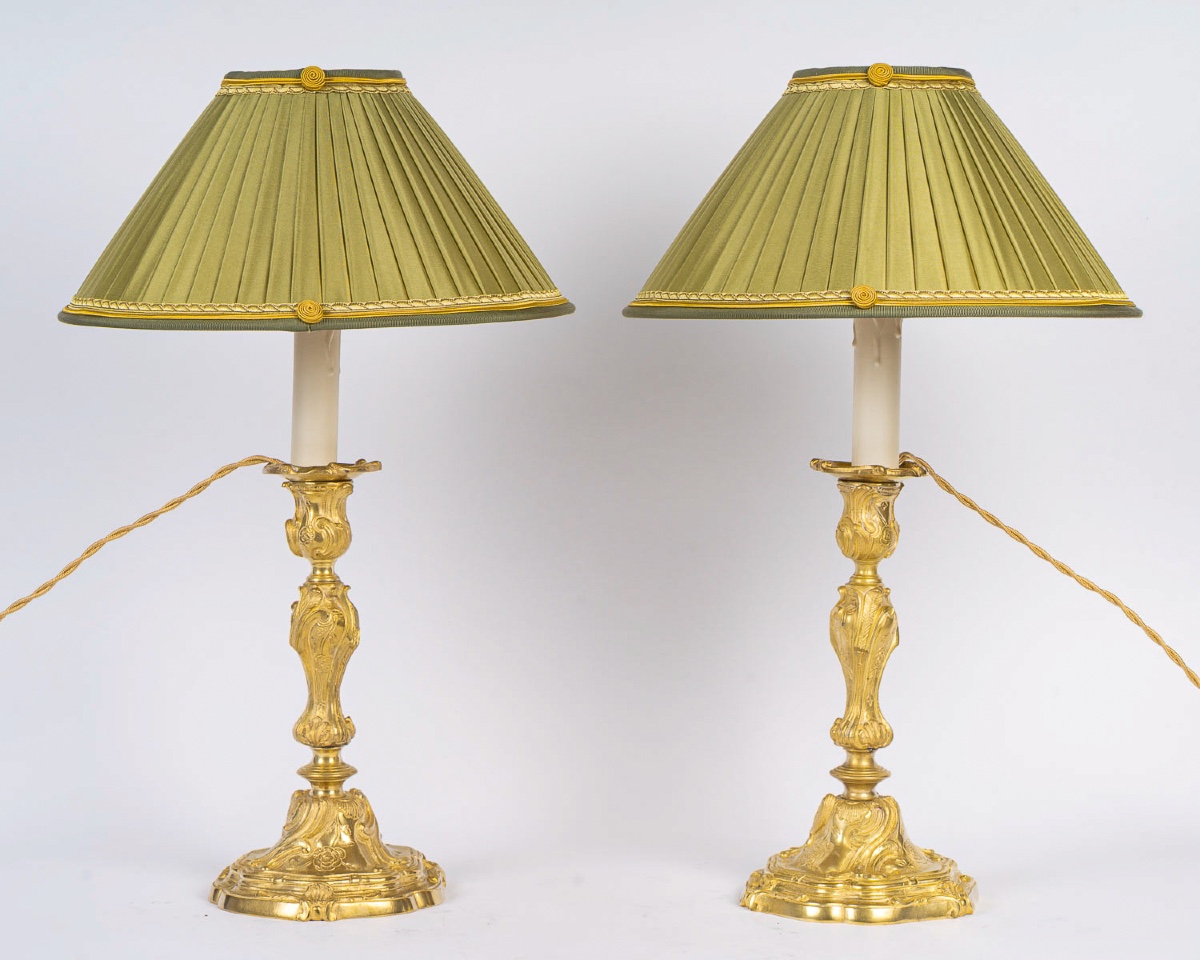 A Pair Of Rocaille-style Gilt Bronze Flambeaux, Mounted As Lamps, Palais Ducal De Nevers