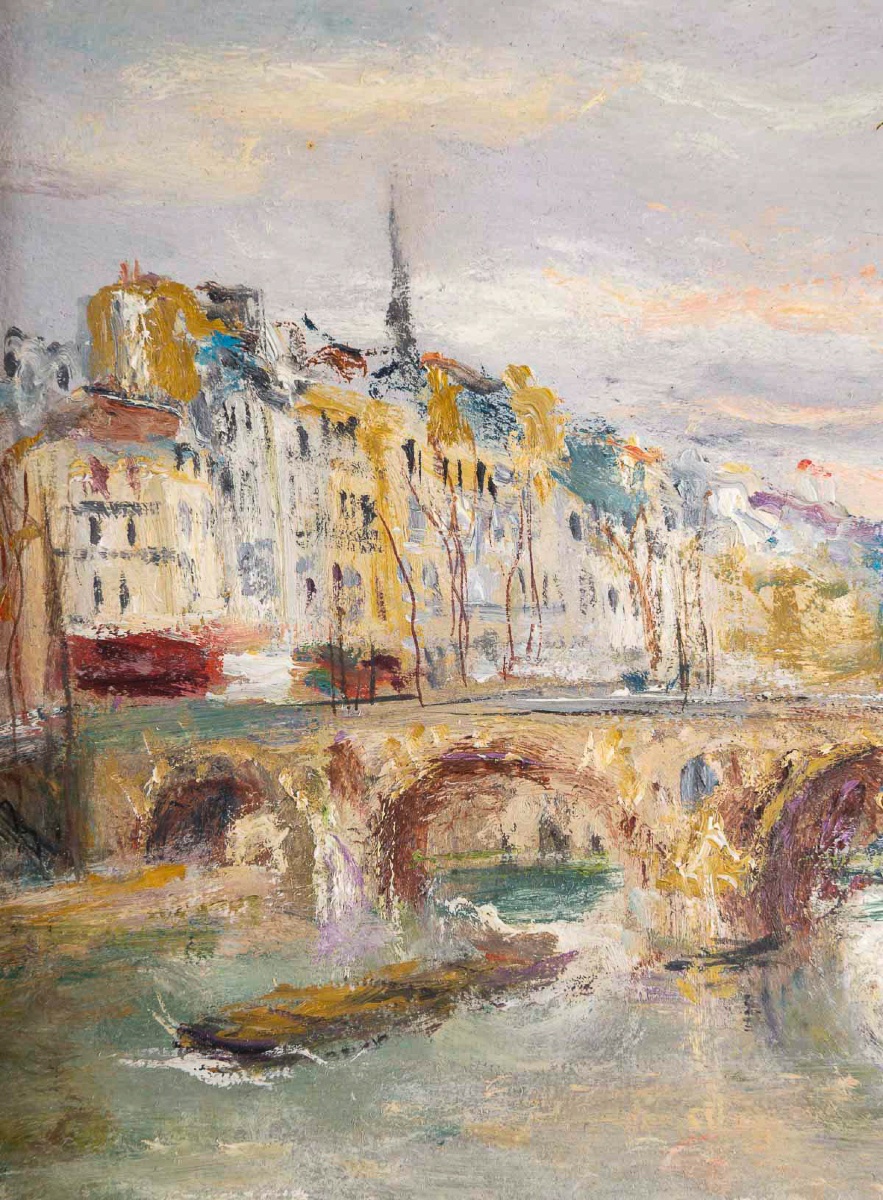 Serge Belloni (1925-2005) Le Pont Marie et l’Ile Saint-Louis Huile sur panneau vers 1970-photo-2