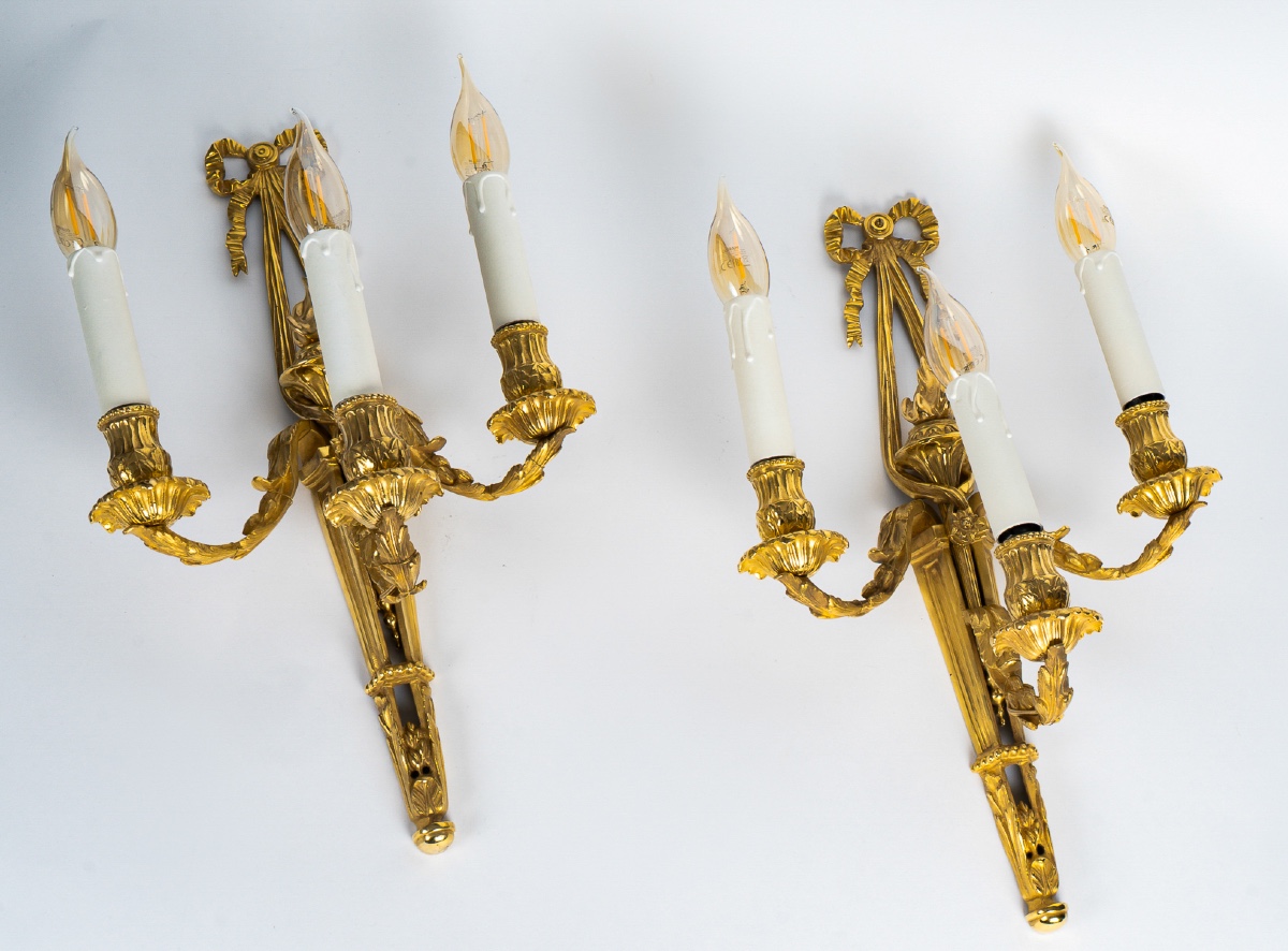 A Fine Pair Of Louis XVI-style Gilt-bronze Wall Sconces, C. 1850