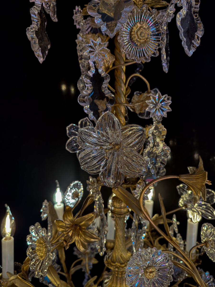 Lustre en bronze doré à décor floral en cristal taillé Cristallerie de Baccarat vers 1870-photo-3