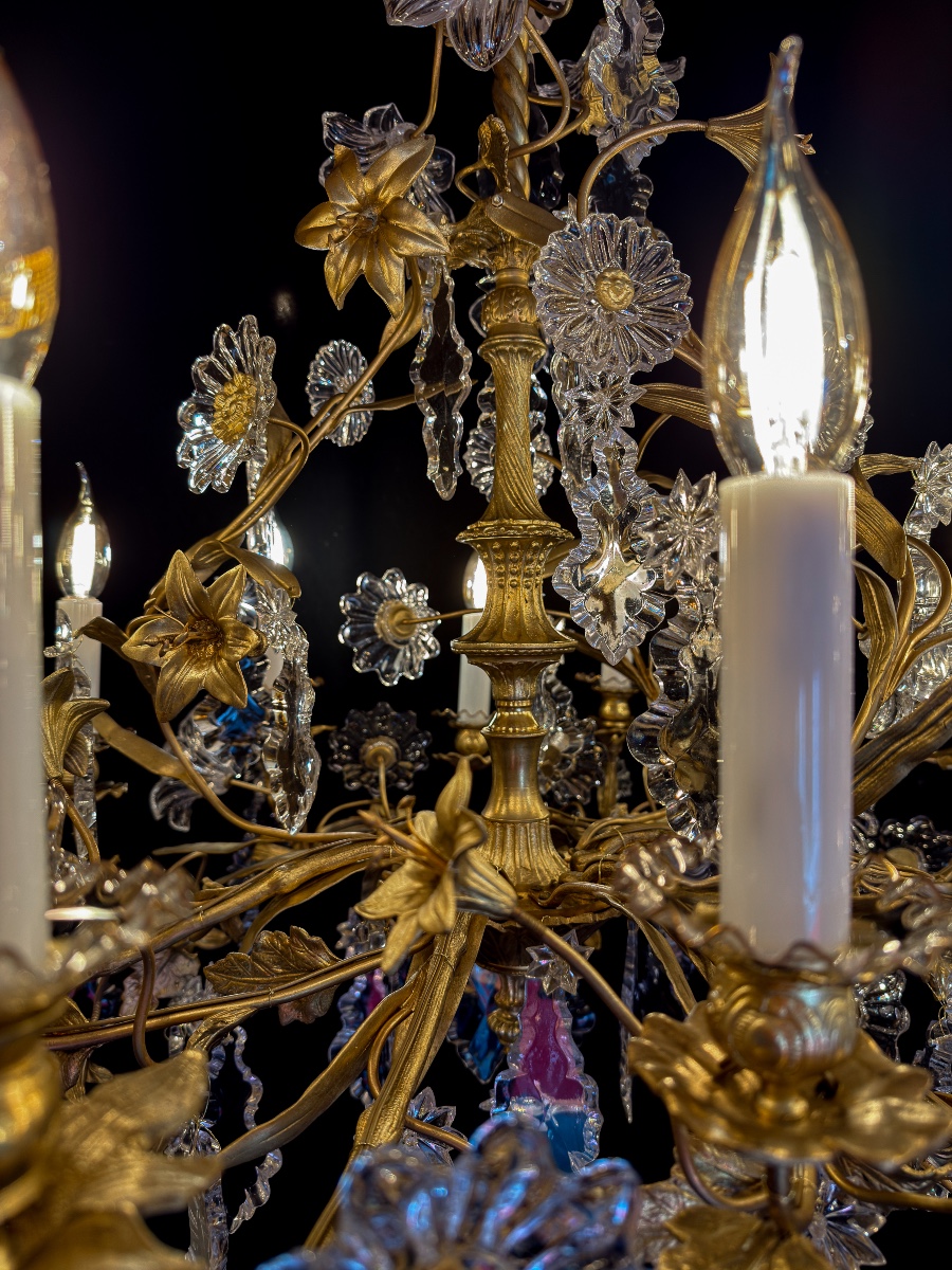 Lustre en bronze doré à décor floral en cristal taillé Cristallerie de Baccarat vers 1870-photo-4
