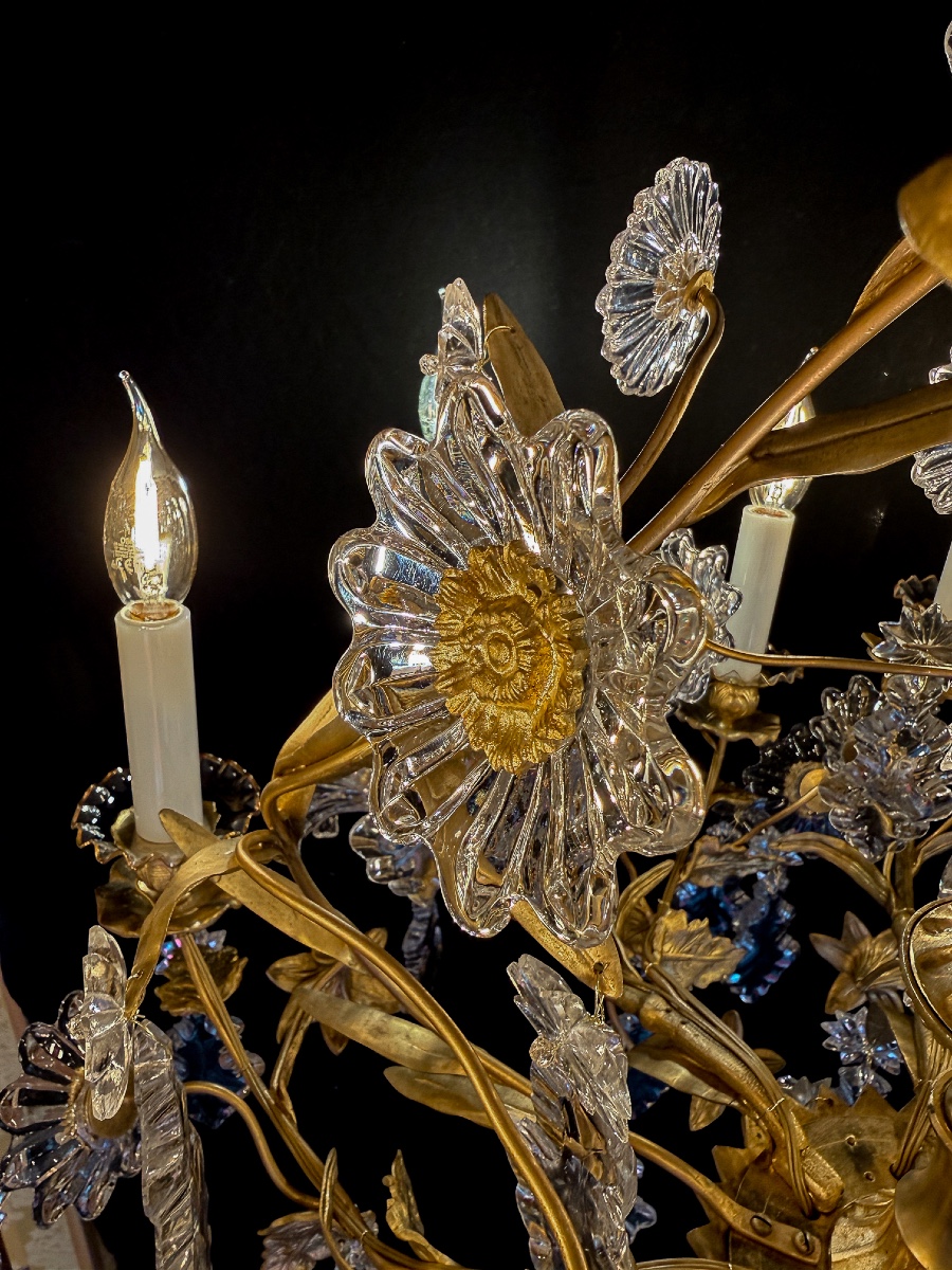 Lustre en bronze doré à décor floral en cristal taillé Cristallerie de Baccarat vers 1870-photo-1