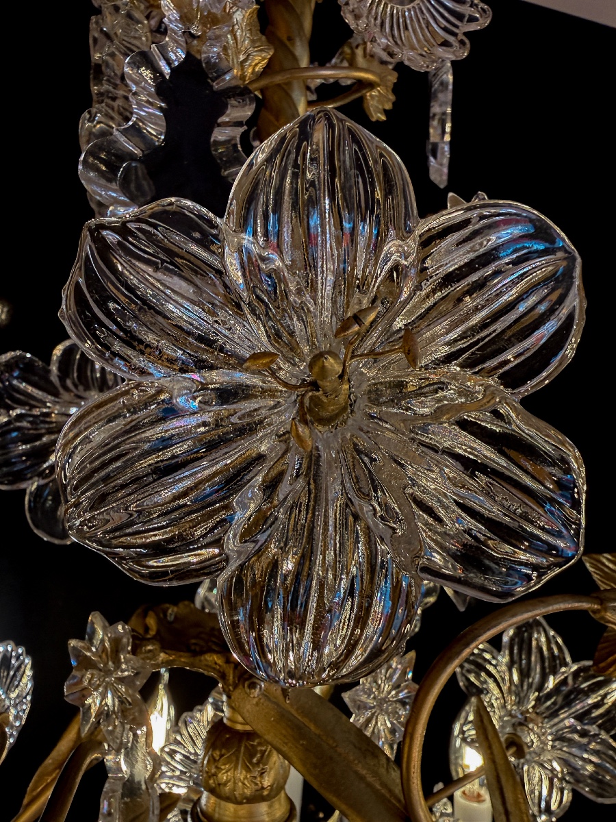 Lustre en bronze doré à décor floral en cristal taillé Cristallerie de Baccarat vers 1870-photo-2