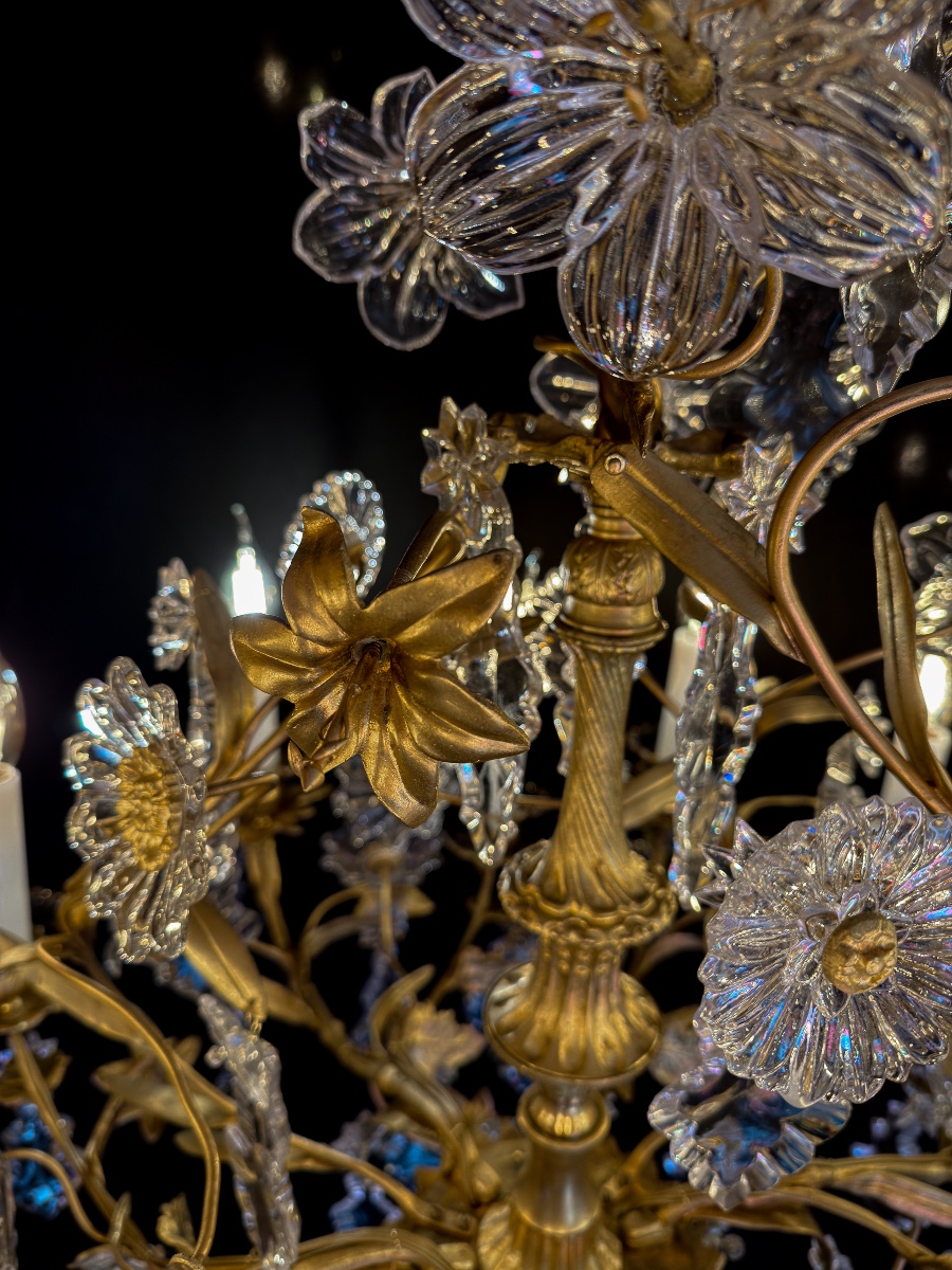 Lustre en bronze doré à décor floral en cristal taillé Cristallerie de Baccarat vers 1870-photo-3