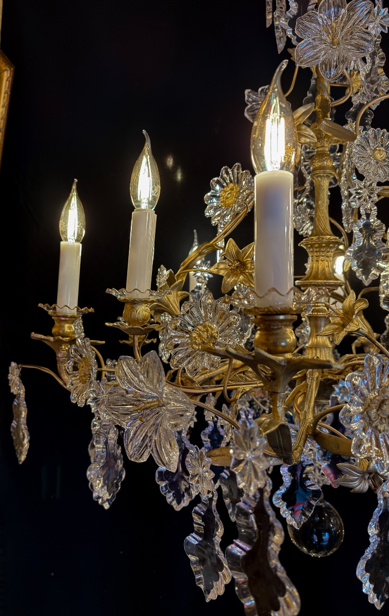 Lustre en bronze doré à décor floral en cristal taillé Cristallerie de Baccarat vers 1870-photo-4