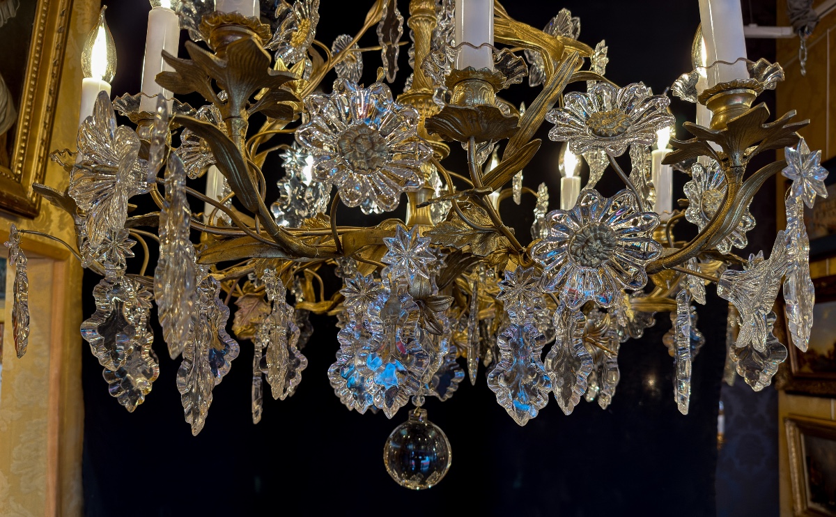 Lustre en bronze doré à décor floral en cristal taillé Cristallerie de Baccarat vers 1870-photo-7