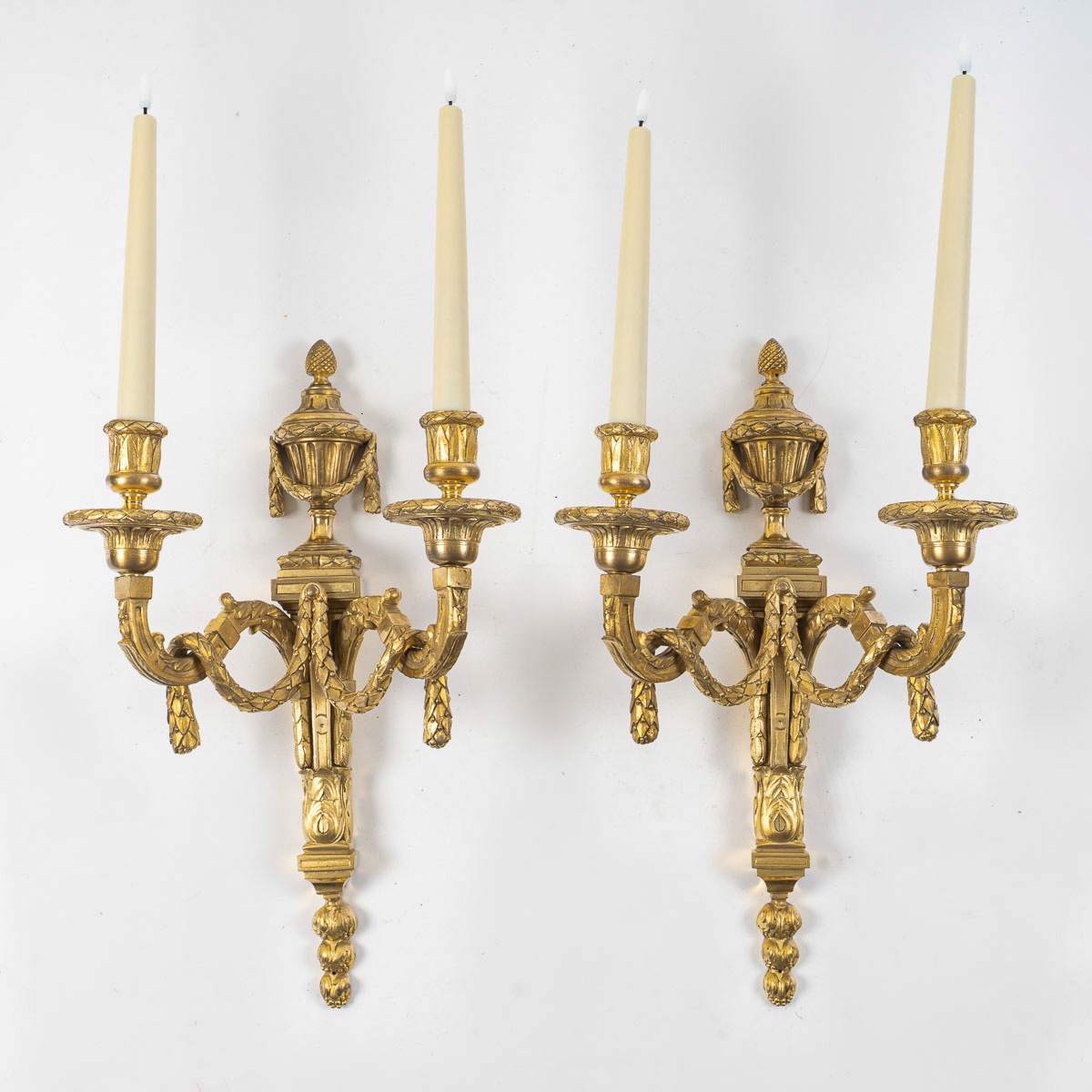Pair Of Gilt Bronze Louis XVI Style Wall Sconces, Manufactured Circa 1820-1850-photo-2