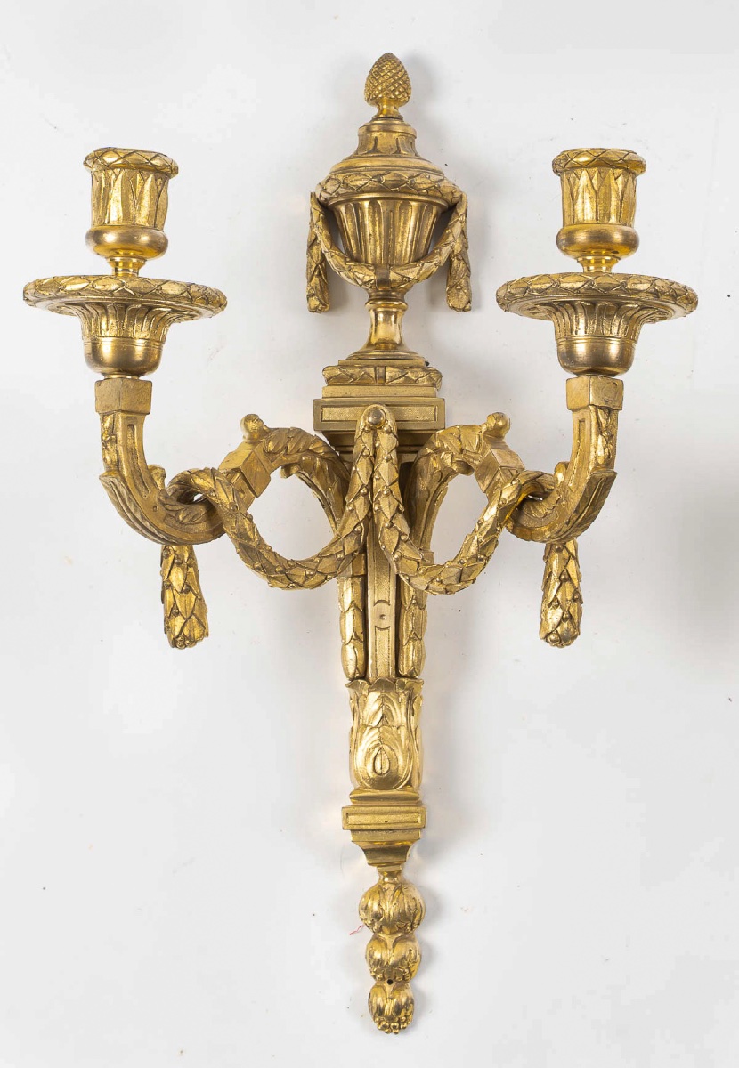 Pair Of Gilt Bronze Louis XVI Style Wall Sconces, Manufactured Circa 1820-1850-photo-3
