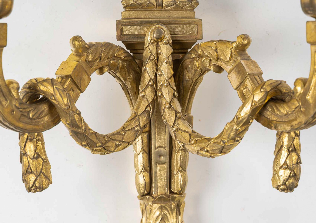 Pair Of Gilt Bronze Louis XVI Style Wall Sconces, Manufactured Circa 1820-1850-photo-1