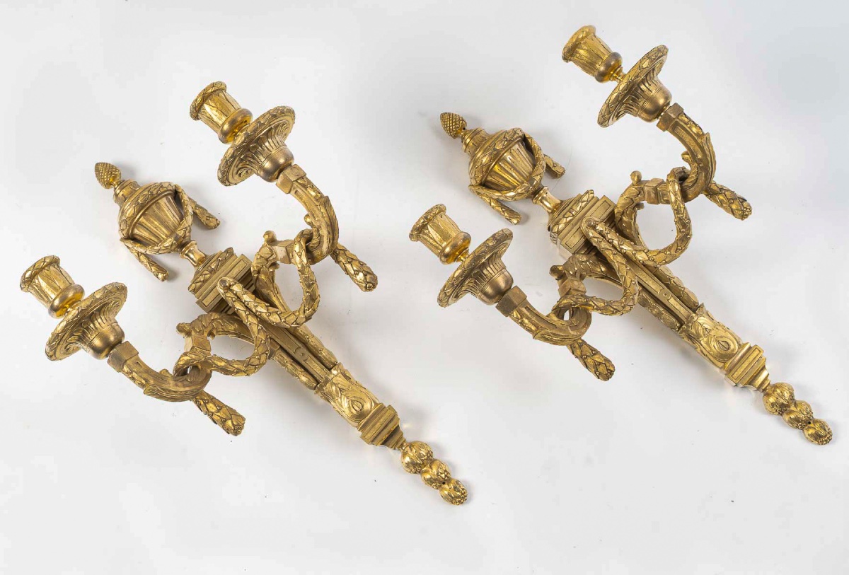 Pair Of Gilt Bronze Louis XVI Style Wall Sconces, Manufactured Circa 1820-1850-photo-4