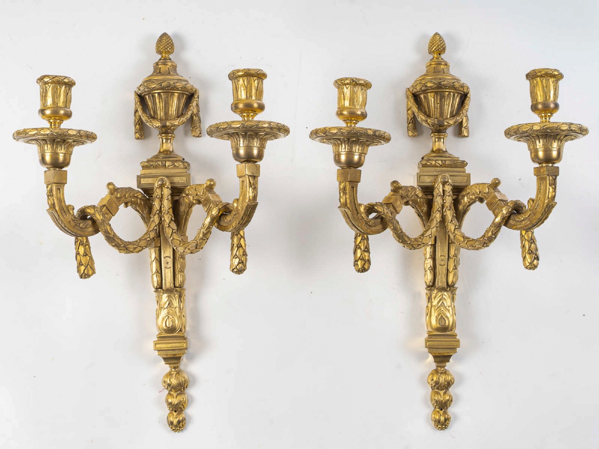 Pair Of Gilt Bronze Louis XVI Style Wall Sconces, Manufactured Circa 1820-1850