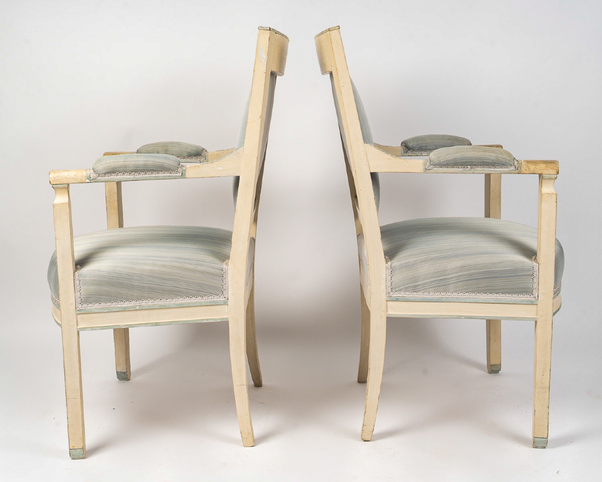 Paire de fauteuils d’époque Empire (1805-1815) en hêtre laqué à rechampi bleu-photo-1