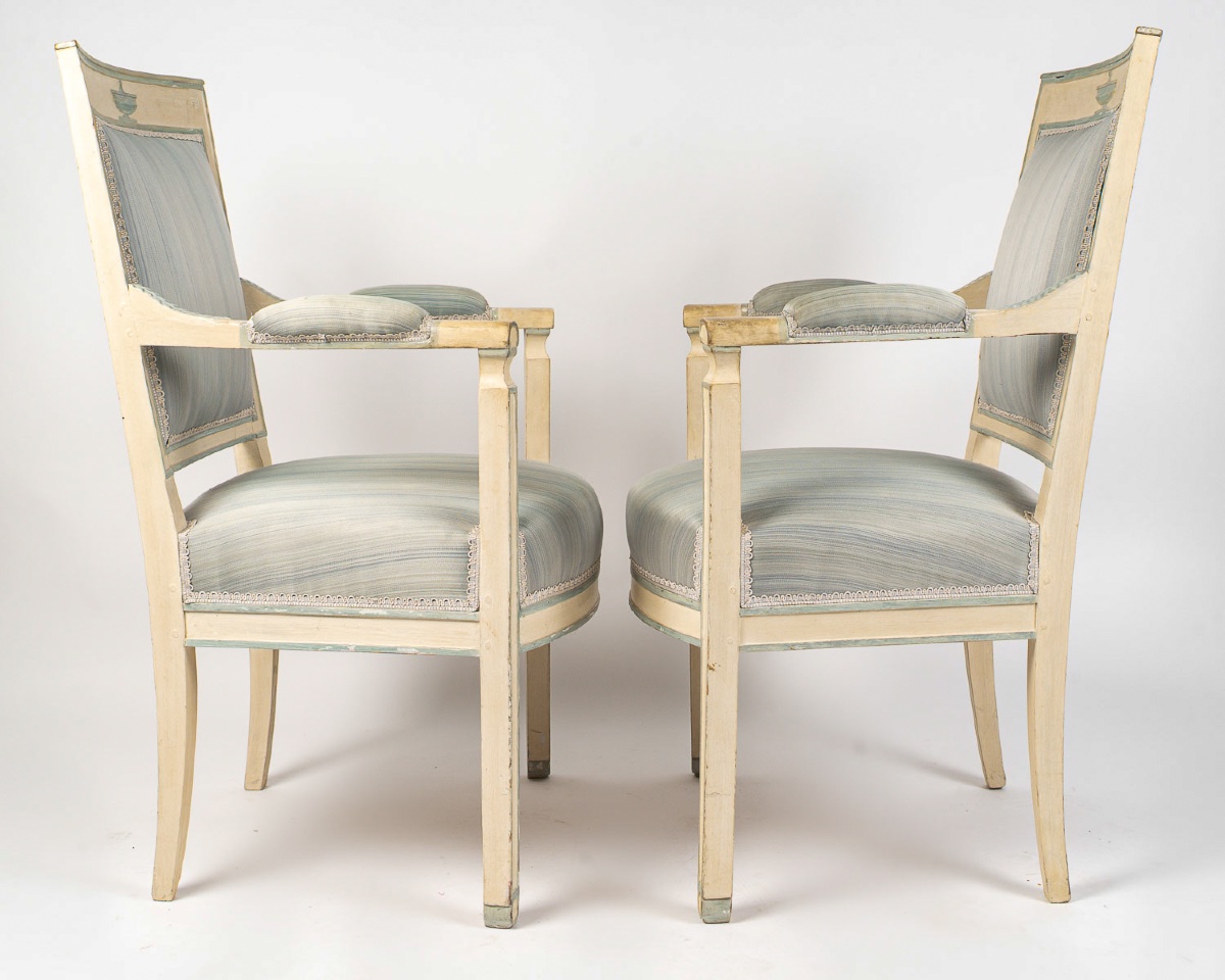 Paire de fauteuils d’époque Empire (1805-1815) en hêtre laqué à rechampi bleu-photo-3