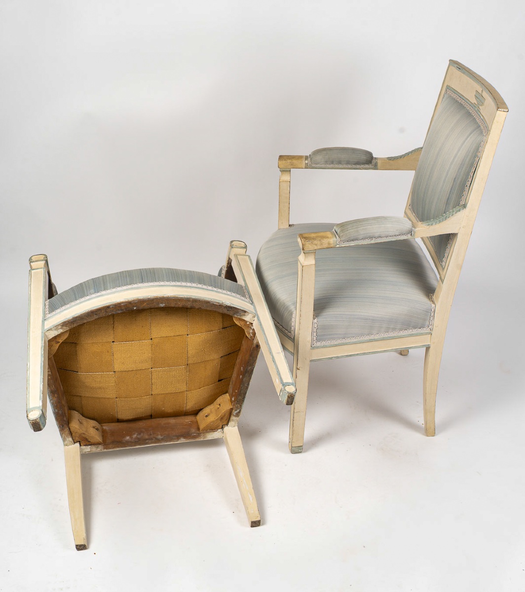 Paire de fauteuils d’époque Empire (1805-1815) en hêtre laqué à rechampi bleu-photo-4