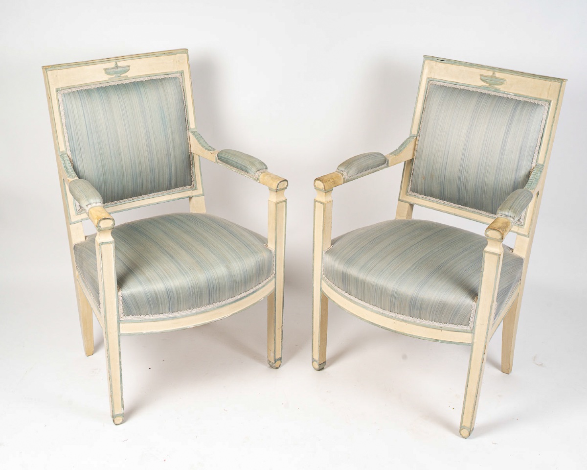 Paire de fauteuils d’époque Empire (1805-1815) en hêtre laqué à rechampi bleu-photo-5