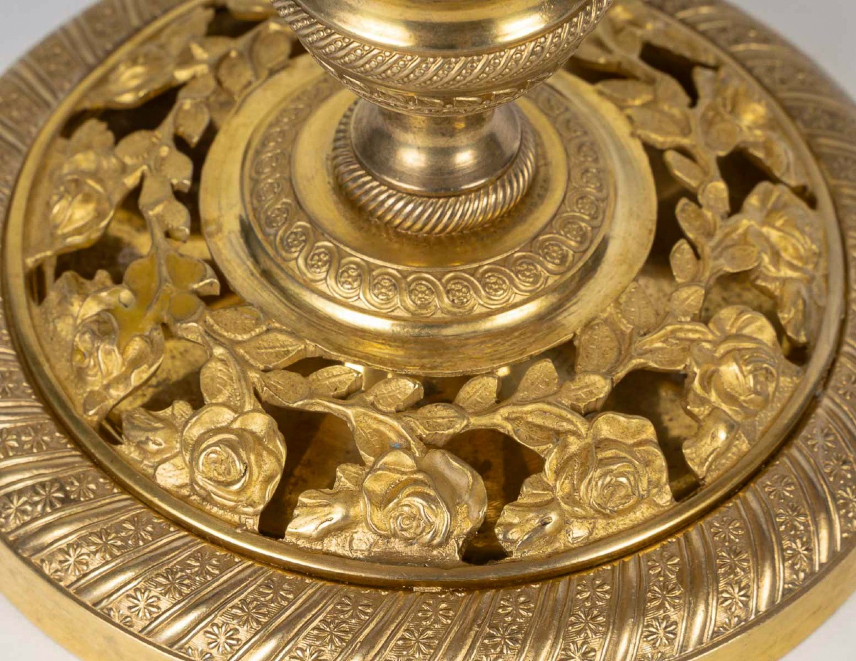 Pair Of Restauration Period Gilt Bronze Candlesticks Mounted As Lamps Circa 1820-1830-photo-3