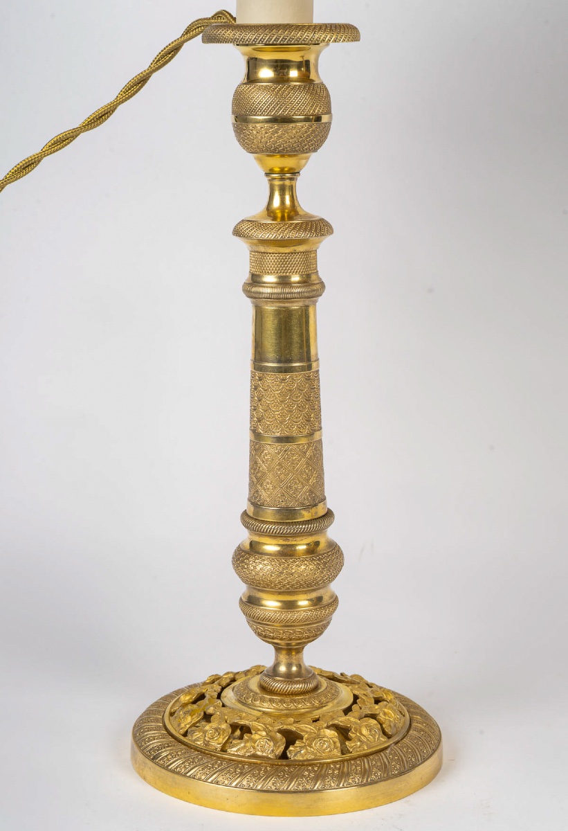 Pair Of Restauration Period Gilt Bronze Candlesticks Mounted As Lamps Circa 1820-1830-photo-4