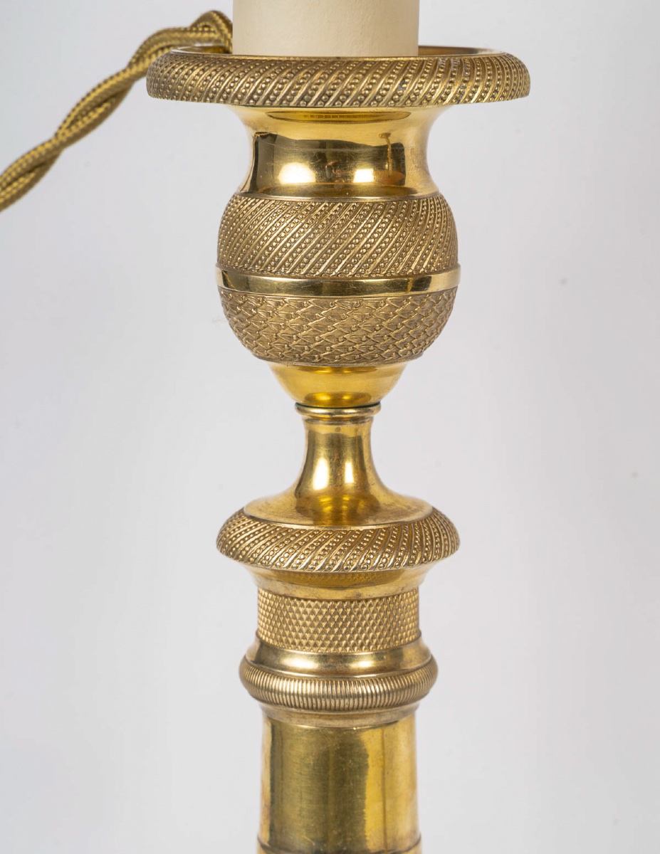 Pair Of Restauration Period Gilt Bronze Candlesticks Mounted As Lamps Circa 1820-1830-photo-1
