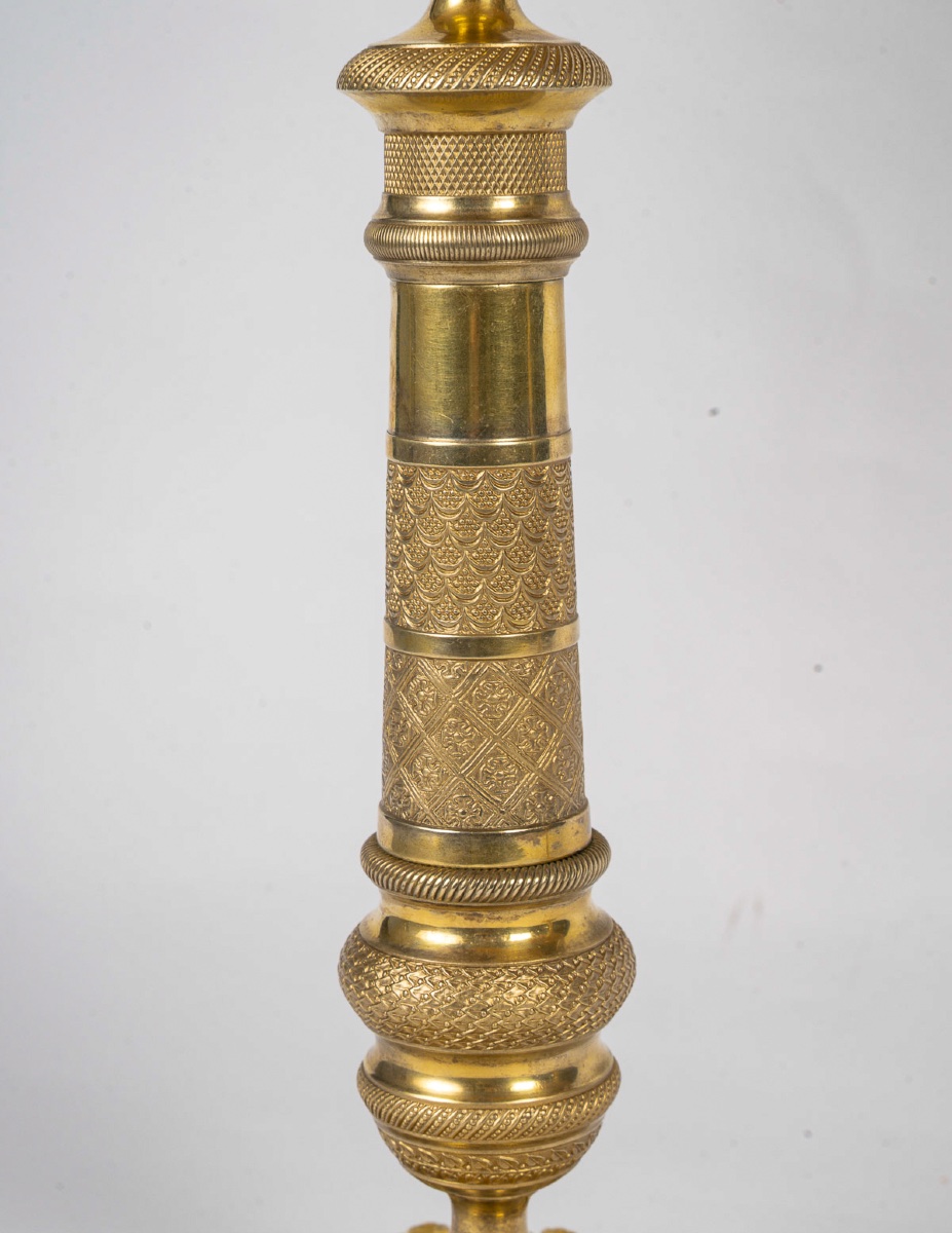 Pair Of Restauration Period Gilt Bronze Candlesticks Mounted As Lamps Circa 1820-1830-photo-2
