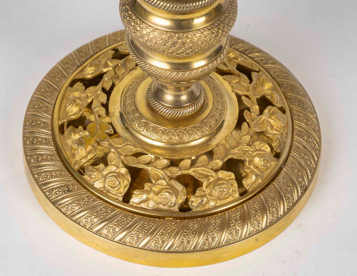 Pair Of Restauration Period Gilt Bronze Candlesticks Mounted As Lamps Circa 1820-1830-photo-3