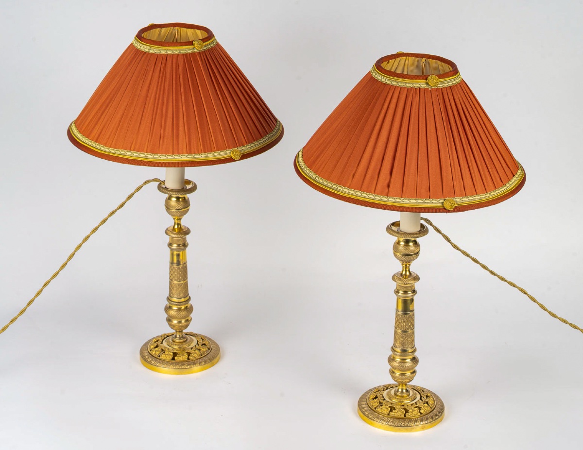 Pair Of Restauration Period Gilt Bronze Candlesticks Mounted As Lamps Circa 1820-1830-photo-4