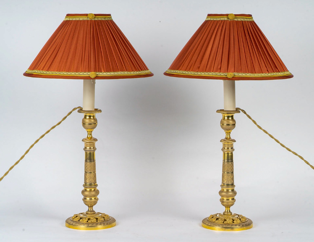 Pair Of Restauration Period Gilt Bronze Candlesticks Mounted As Lamps Circa 1820-1830