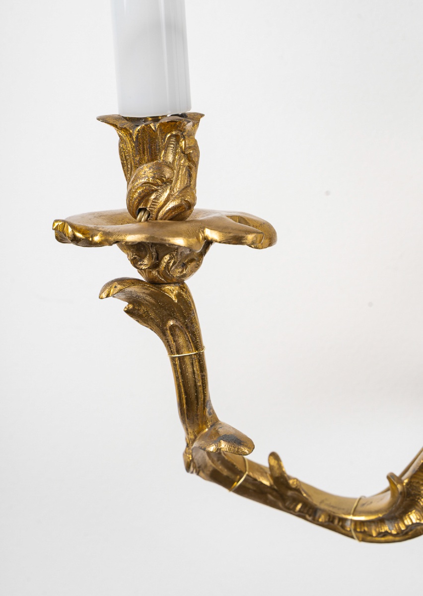 Paire d’appliques Louis XV en bronze ciselé et doré, d’après Caffieri, vers 1850-1870-photo-4