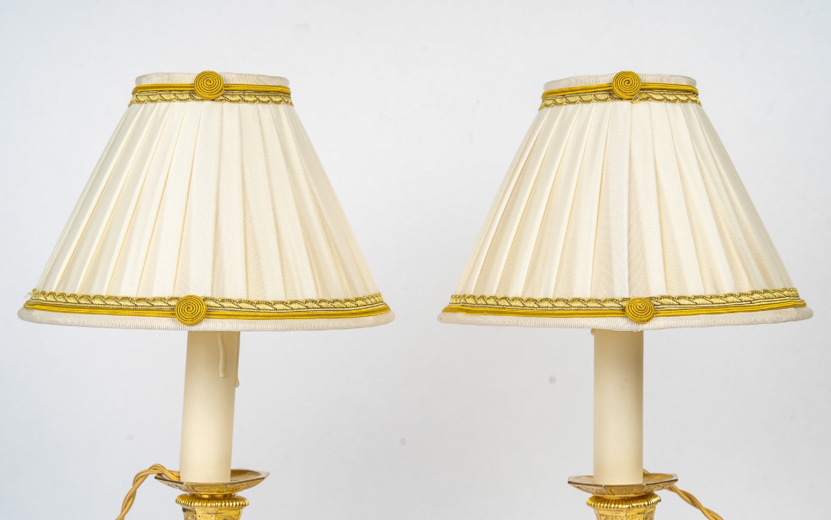 Pair Of French Regence-style Chiseled Gilt Bronze Candlesticks In The Manner Of Jean Berain-photo-2