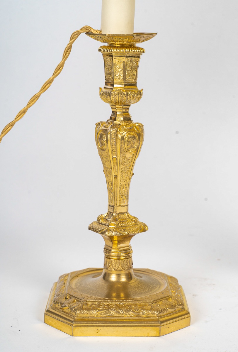 Pair Of French Regence-style Chiseled Gilt Bronze Candlesticks In The Manner Of Jean Berain-photo-3