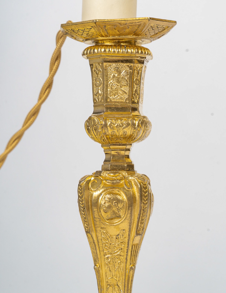 Pair Of French Regence-style Chiseled Gilt Bronze Candlesticks In The Manner Of Jean Berain-photo-4