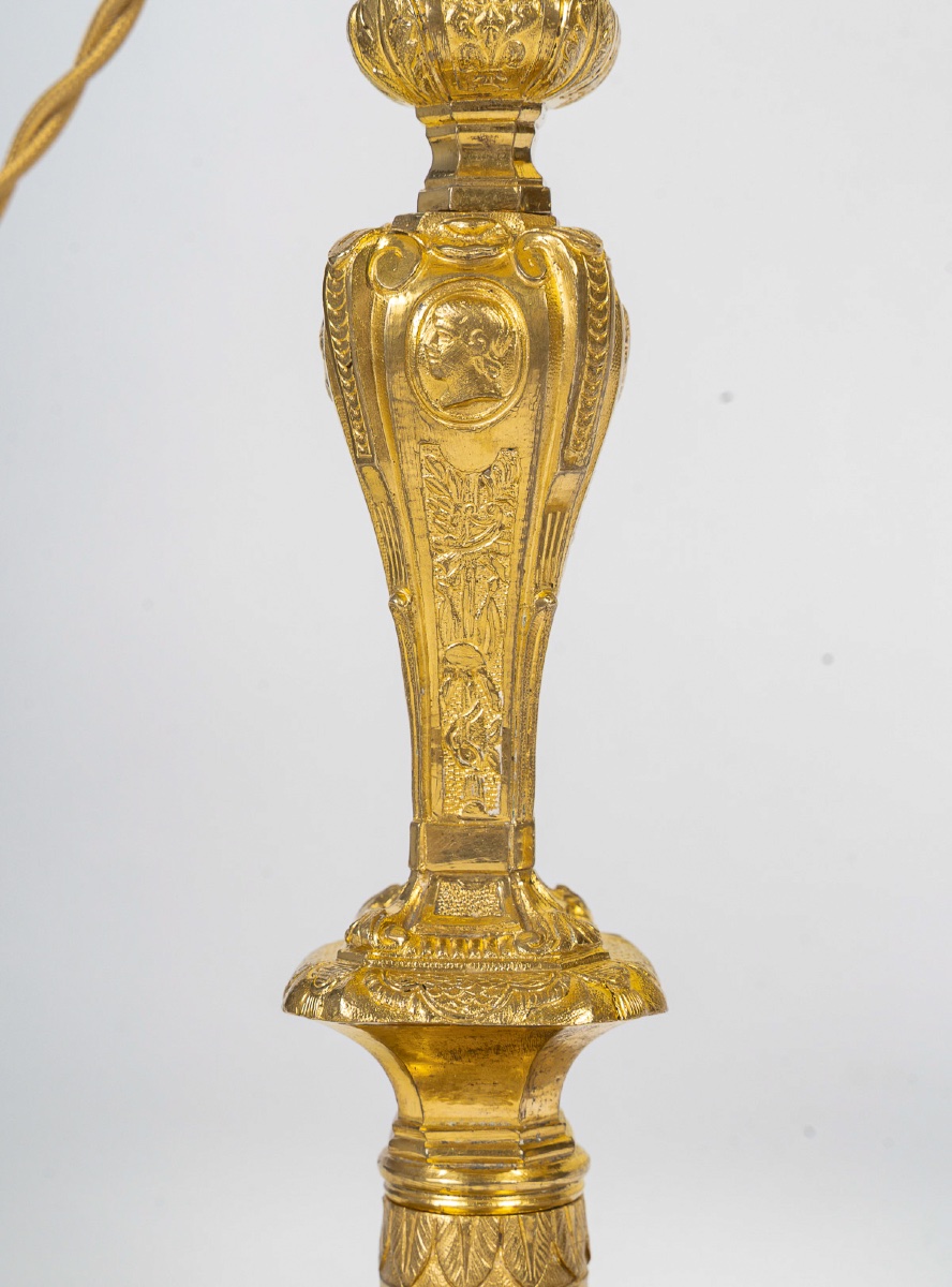 Pair Of French Regence-style Chiseled Gilt Bronze Candlesticks In The Manner Of Jean Berain-photo-1