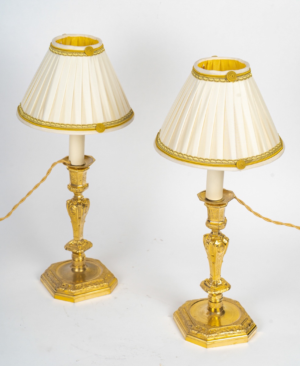 Pair Of French Regence-style Chiseled Gilt Bronze Candlesticks In The Manner Of Jean Berain-photo-3