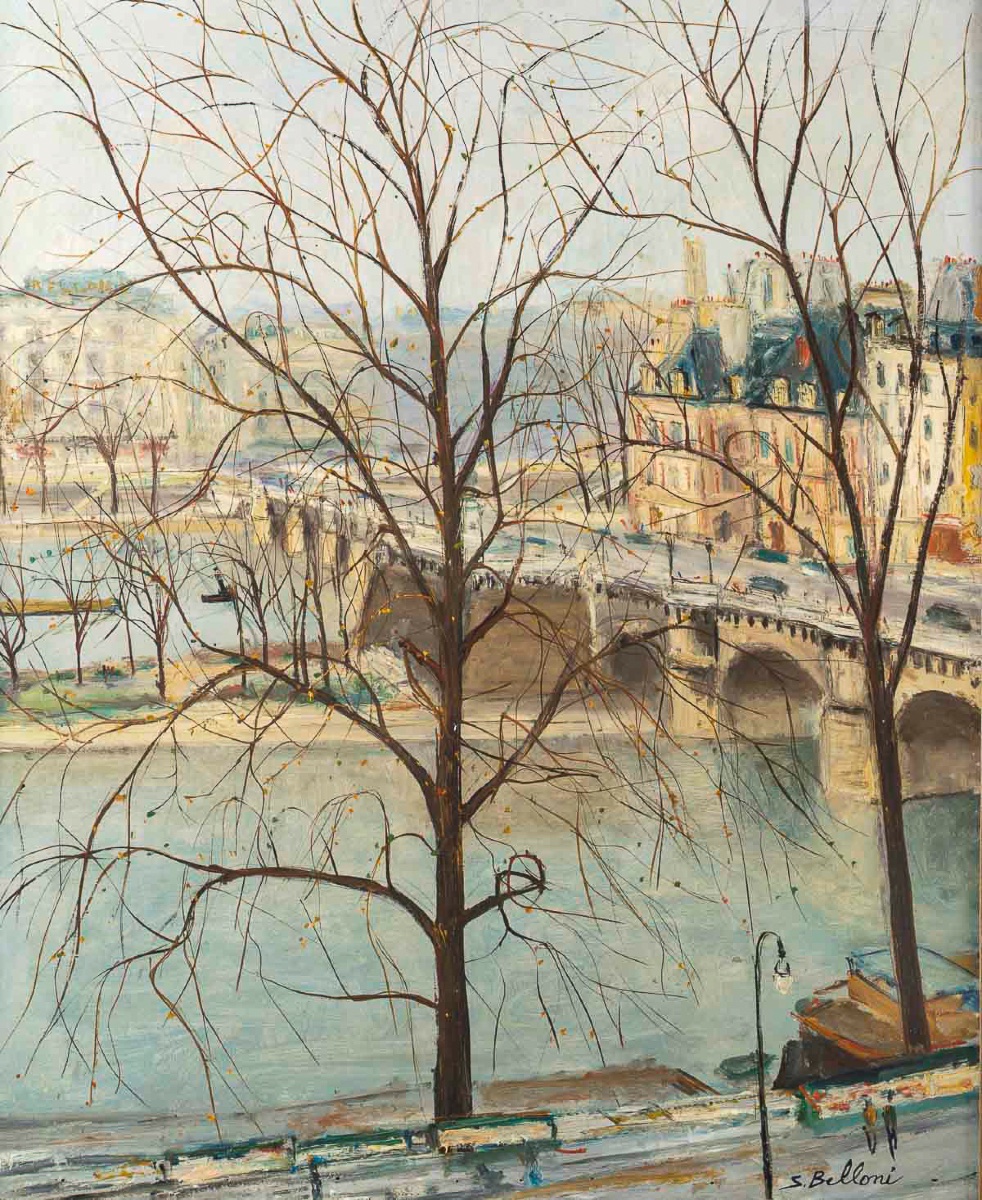 Serge Belloni (1925-2005) Paris Vue du Pont-Neuf huile sur toile circa 1957-photo-2