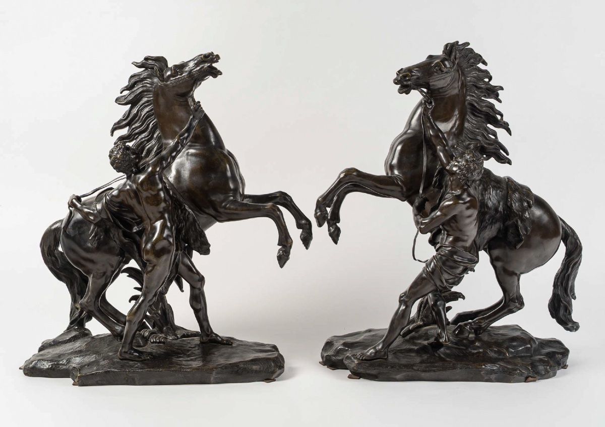 Les Chevaux de Marly, paire de sculptures du XIXème siècle en bronze d’après Guillaume Coustou