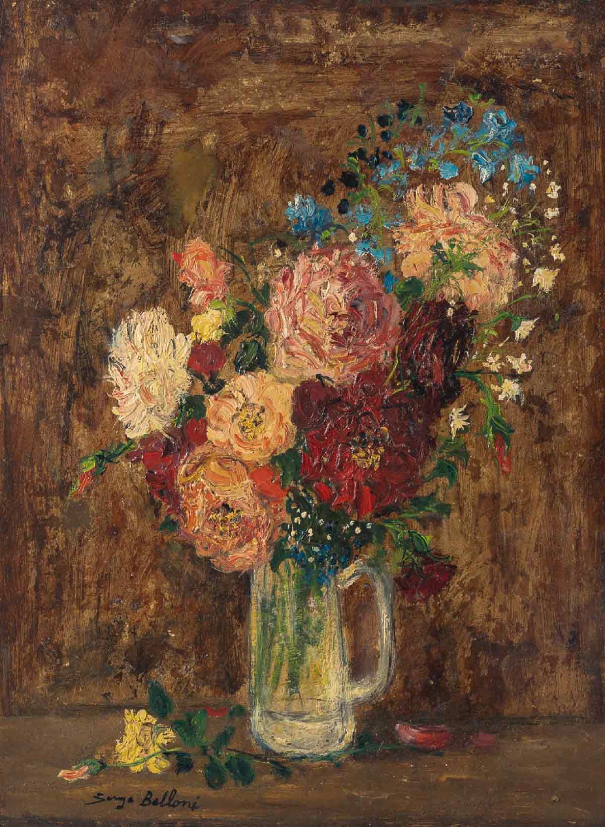 Serge Belloni (1925–2005) – Bouquet Of Roses In A Pitcher, Oil On Panel, Circa 1970-photo-2