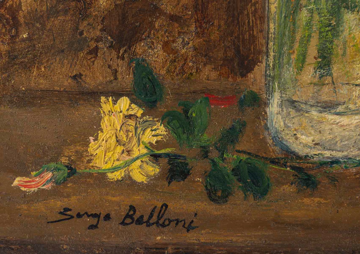 Serge Belloni (1925–2005) – Bouquet Of Roses In A Pitcher, Oil On Panel, Circa 1970-photo-1